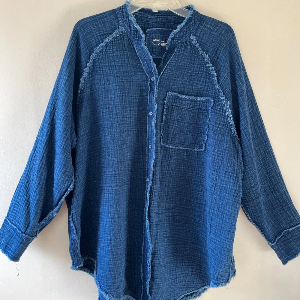 Aerie Sz M Oversized Indigo Blue Gauze Cover Up Button Down Shirt Dress Pocket - Picture 3 of 14